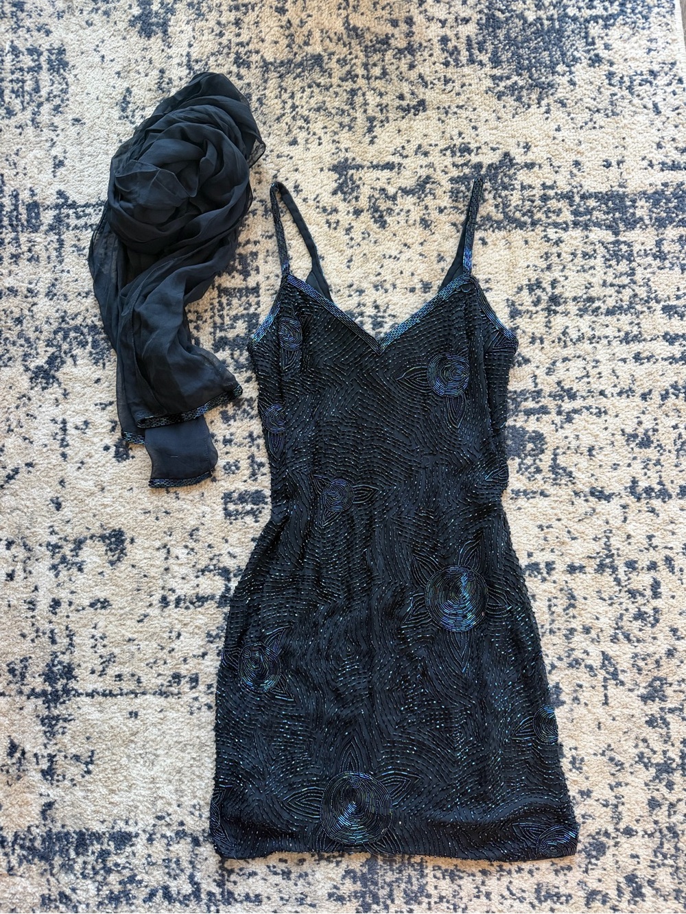 Vintage Holt Renfrew Silk Beaded Navy Dress with Scarf BLACKTIE OLEG CASSINI - Picture 6 of 10